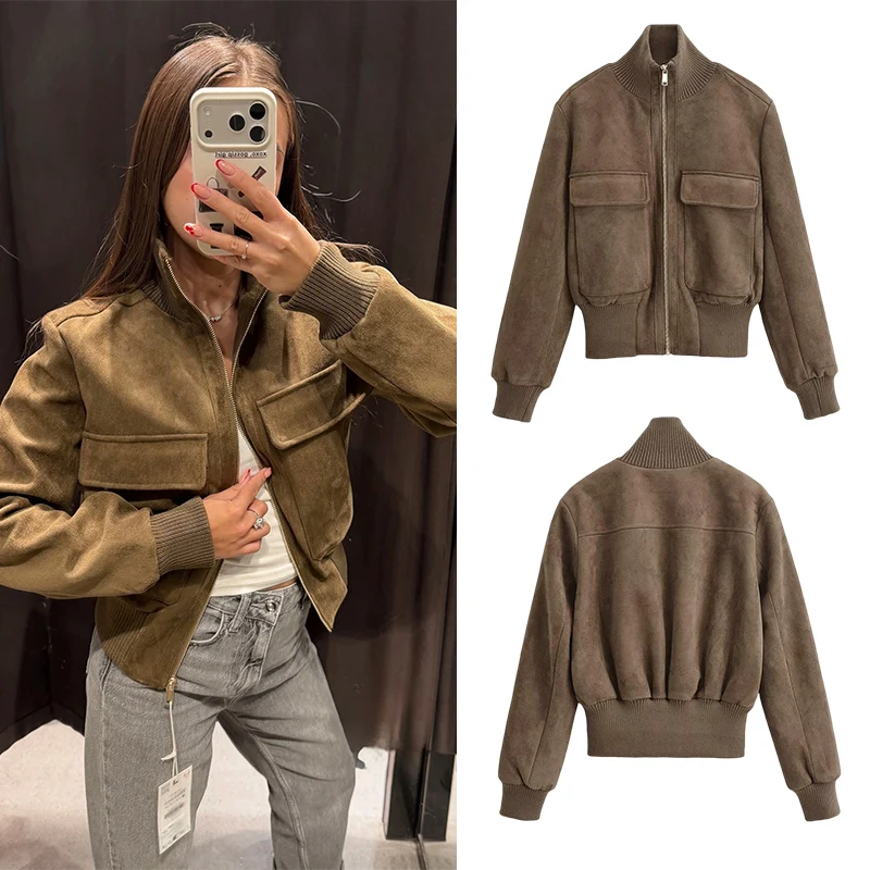 Women's Faux Suede Flight Jacket, Stand Collar Zip Up Short Coat, Ribbed Trim Flap Pockets Casual Retro Outerwear