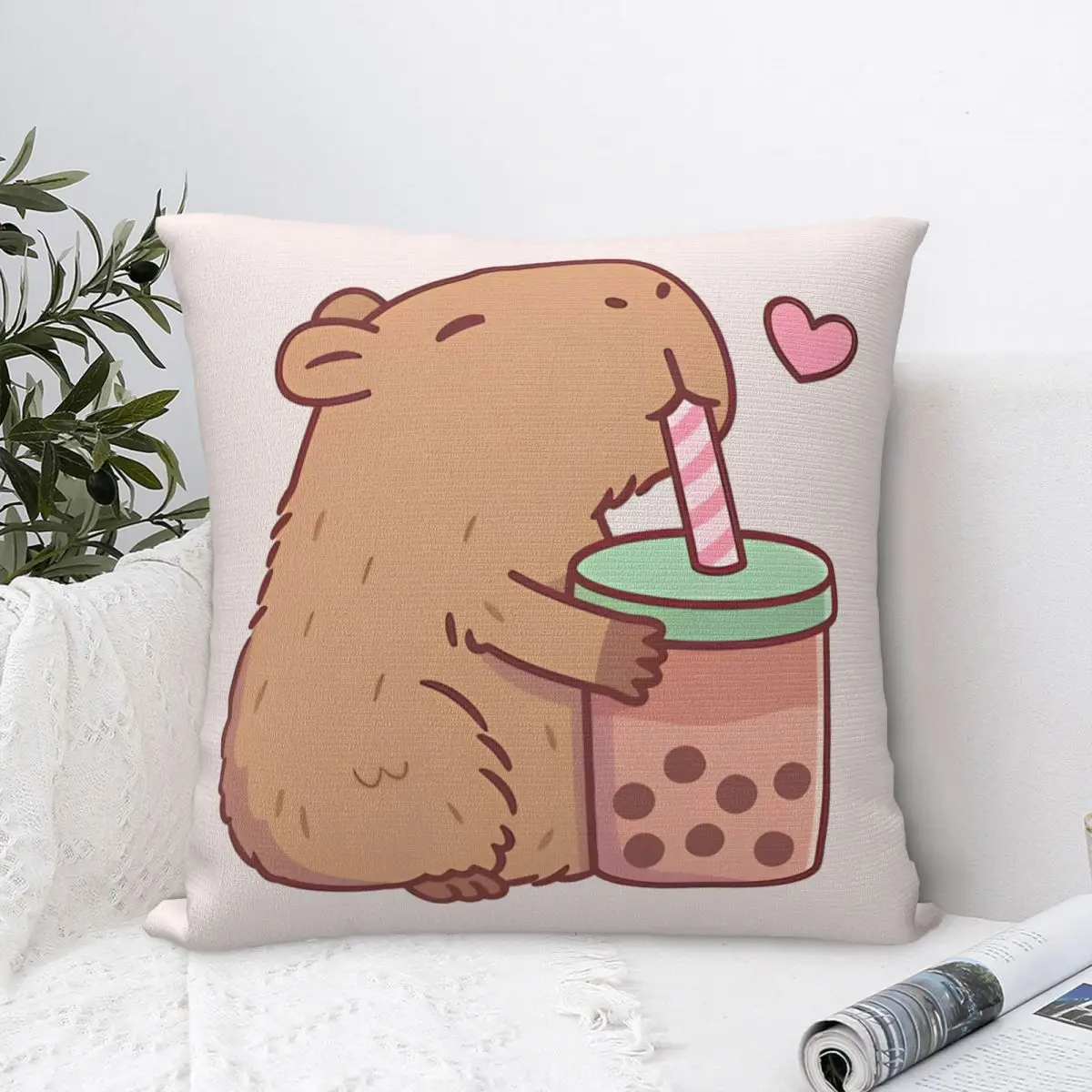 Cute Capybara Loves Bubble Tea Throw Pillow Cover Throw Pillow Funny Pillowcover Home Decor