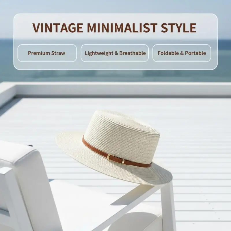 Stroh-Boater-Sonnenhut mit UV-Schutz und verstellbarem Lederriemen für Sommer, Strandurlaub und Outdoor-Reisen – Detail 9