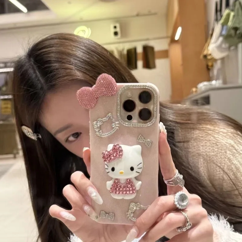 

Cute 3D Hello Kitty Case for IPhone 16 15 14 Pro Max Diamond Studded Phone Case Suitable for IPhone 13 12 Cartoon Pro+max Covers