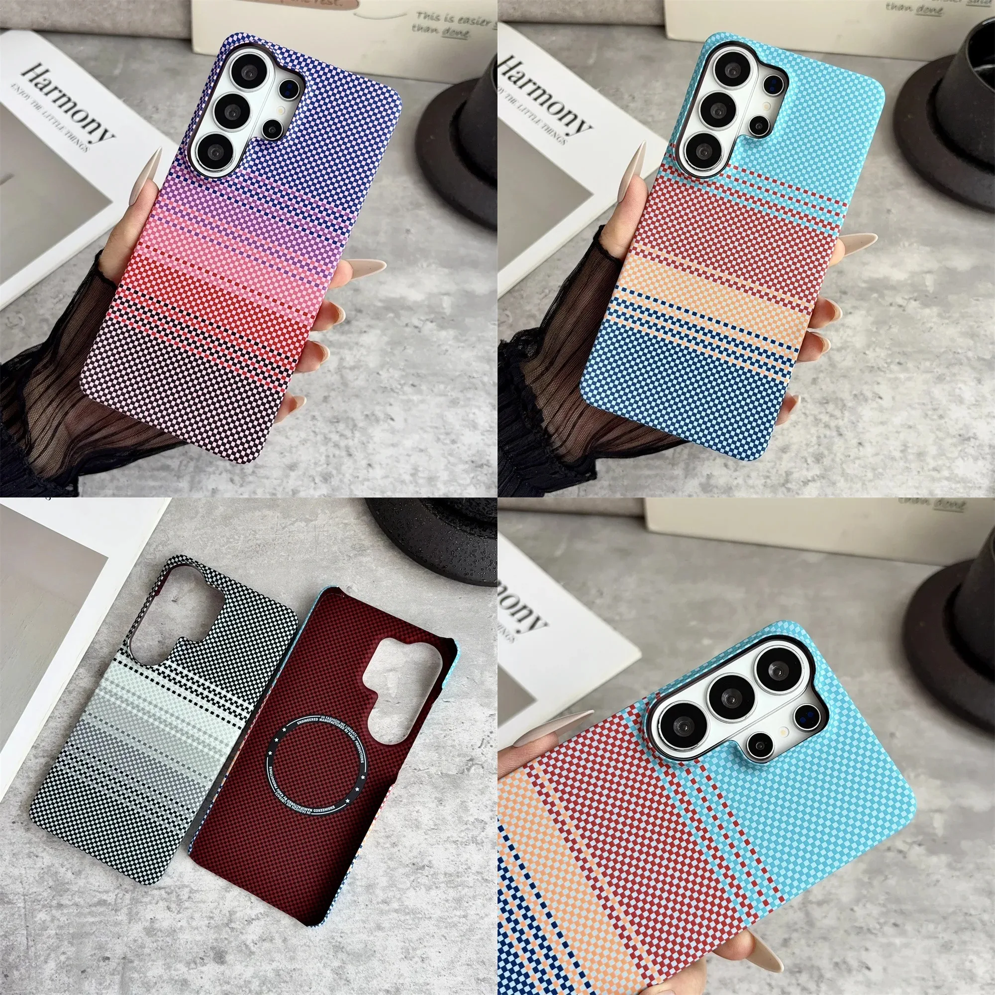 Kevlar Carbon Fiber Pattern Thin PC Phone Case for Samsung S25 S26 Ultra Plus for MagSafe Wireless Charge Half-Cover Back Fundas