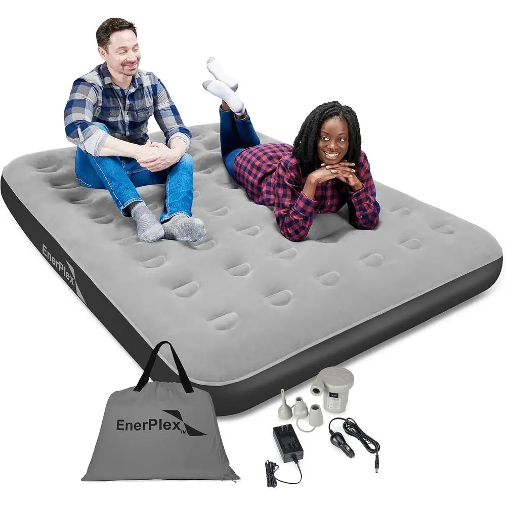 

Portable Queen Size Inflatable Air Mattress with Built-in Pump for Travel and Outdoor Adventures - Grey