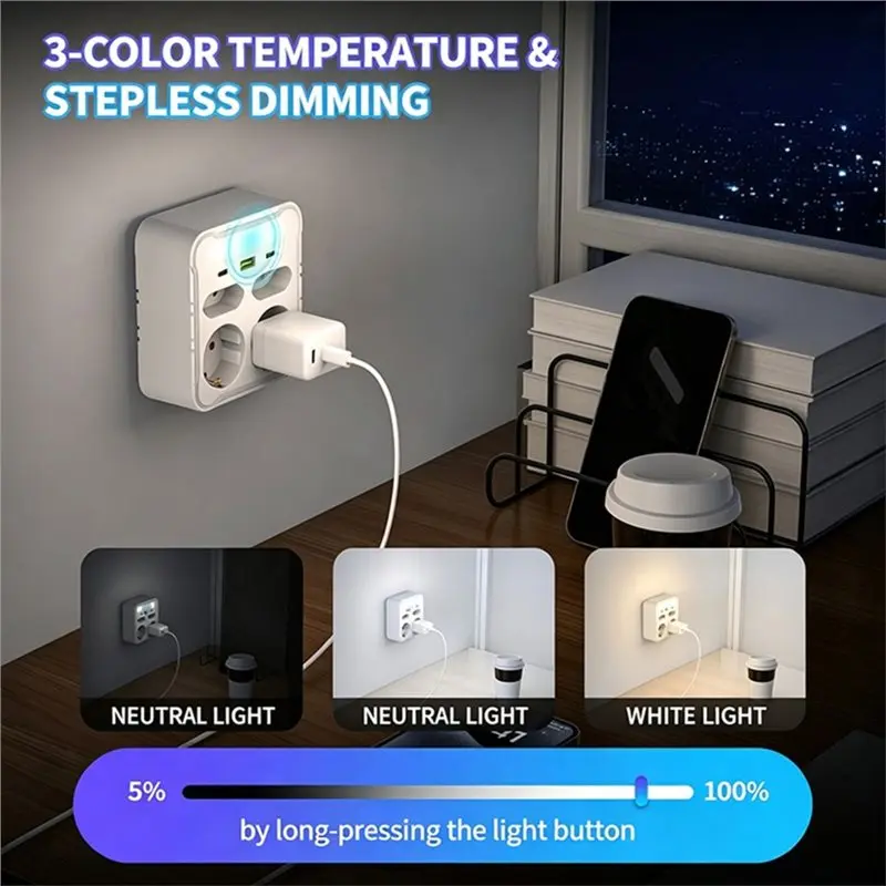 FULL-Wall Socket Power Strip With Light 4 AC Outlets 2 USB Ports 1 Type-C Switch For Home Power Socket-EU Plug