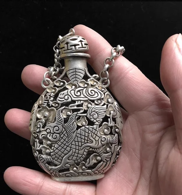 chinese Tibetan silver old copper hand carved Kirin phoenix statue snuff bottle