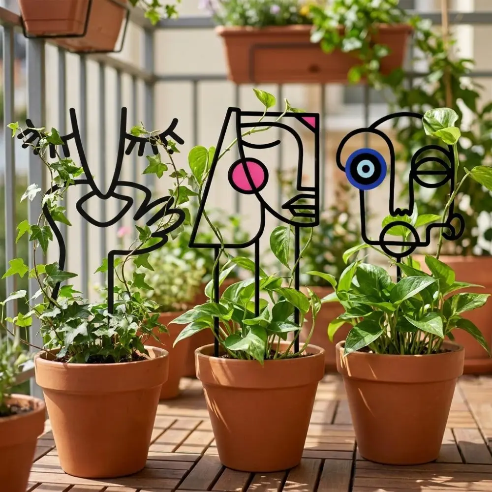 Abstract Line Plant Climbing Trellis Geometric Face Iron Art Vine Climbing Rack Human Face Shaped Strong Load Bearing