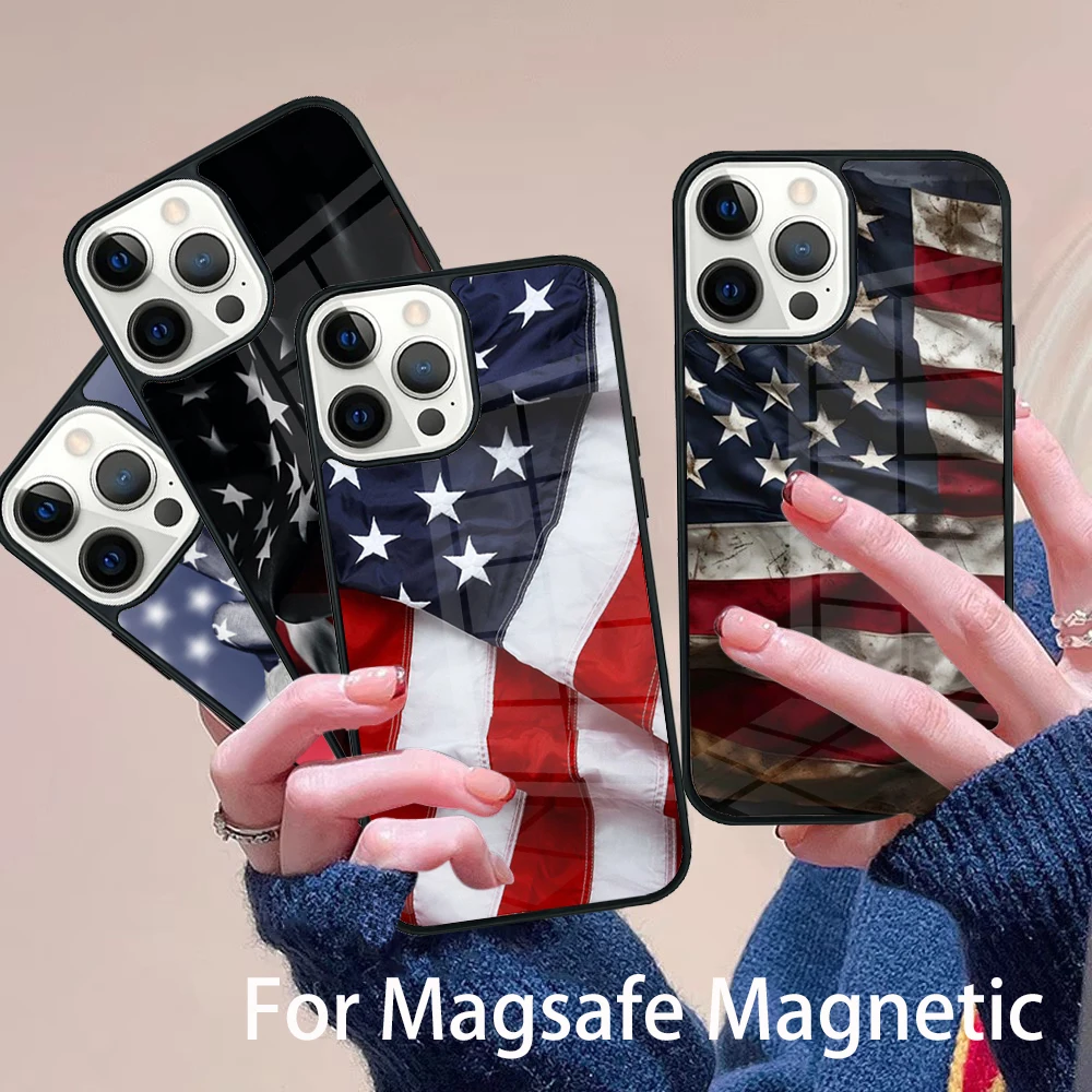 

USA American Flag Phone Case Magesafe Magnetic Wireless Charge Cover For IPhone 16 11 12 13 14 15 Pro Max Plus Mini