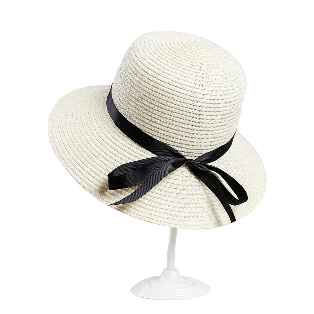 

Beautiful Sun Cap Premium Straw and String Materials Uv Protection Bowknot Design for Beach Party Travel White