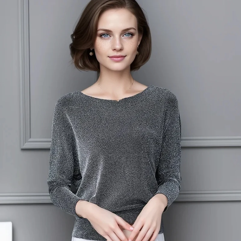 Элегантная женская блузка с блестками, офисное женское стильное облегающее платье, топ с круглым вырезом