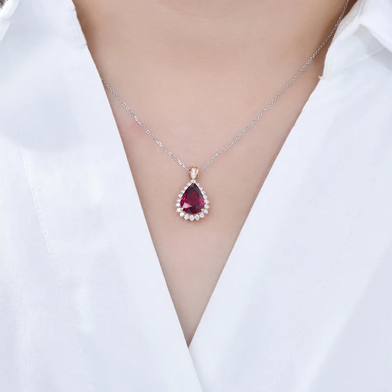 18K rose gold waterdrop-shaped imitation ruby with full diamonds and precious stones pendant for women, 925 sterling silver neck