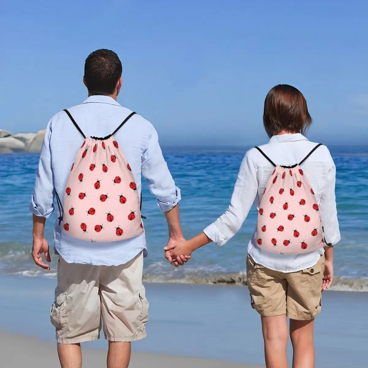Cute Ladybug Pattern On Pink Background Backpacks Fashion Drawstring Bags Sundries Bag Book Bags for Travel Students