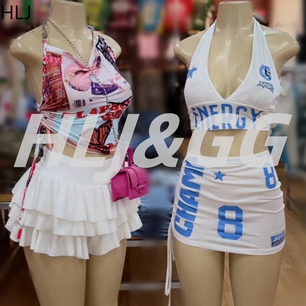 

HLJ Y2K Fashion Letter Print Mesh Two Piece Sets Women Deep V Halter Backless Crop Top And Mini Skirt Summer New 2pcs Streetwear