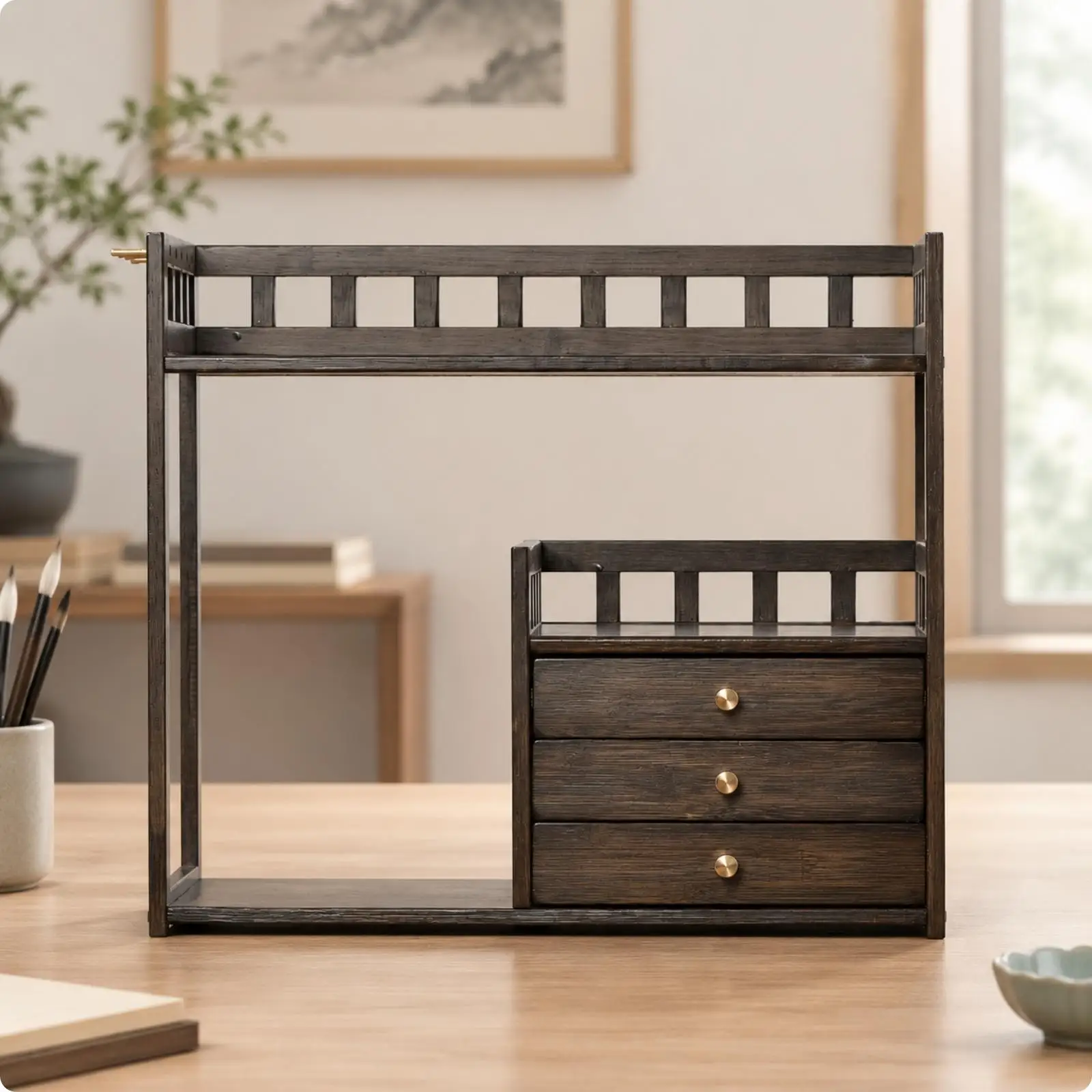Desktop Calligraphy Organizer Dark Finish Bamboo Calligraphy Storage Rack Brush Holder with Hanging Pegs Freestanding