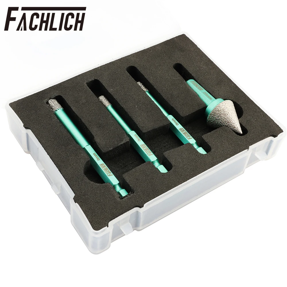 FACHLICH 4pcs/Box Diamond Drill Bits Set Hex Shank Dia6+6+8mm Drilling Crown Quick-Fit+20mm Chamfer Milling Bit Tile Marble