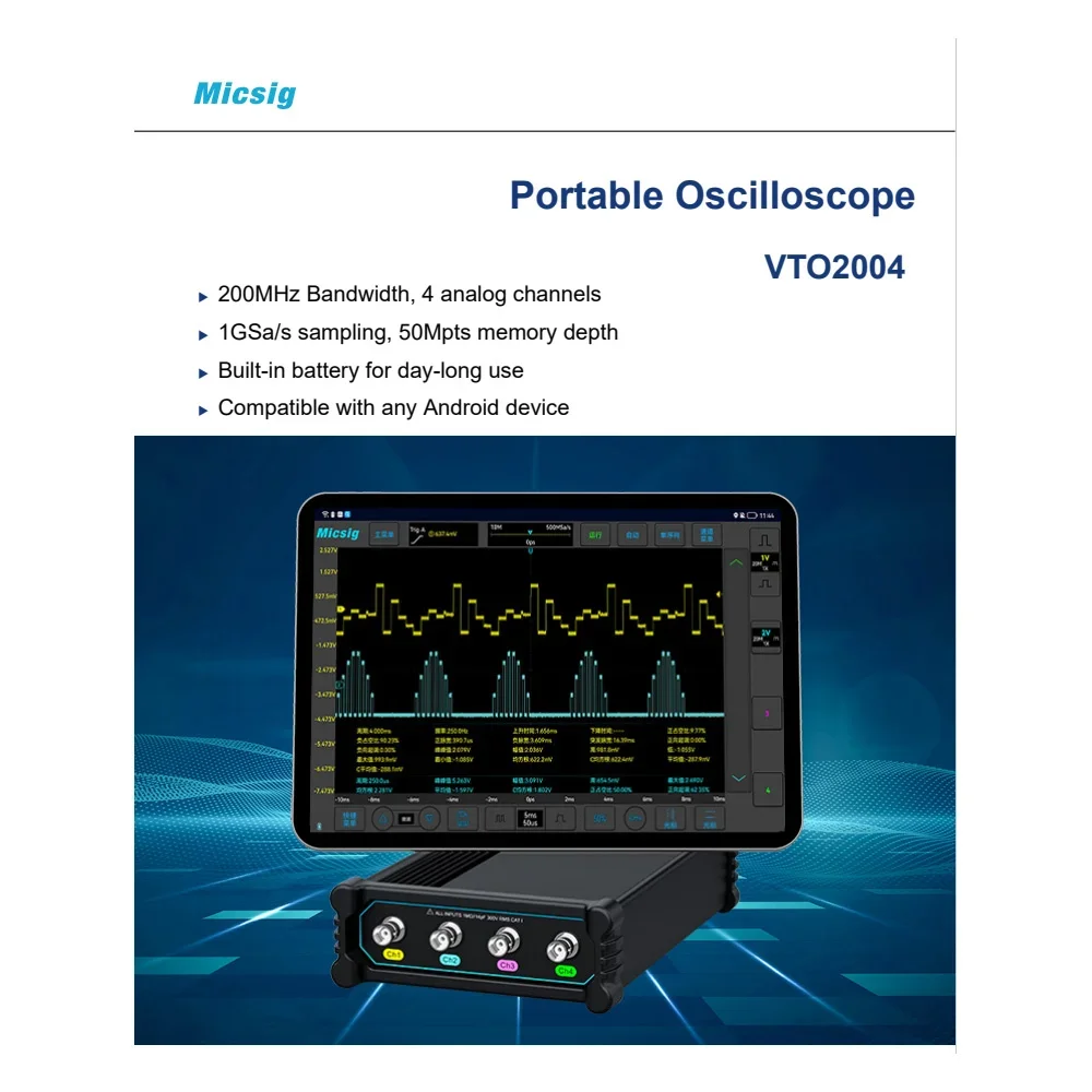 Micsig Automotive Diagnostic Oscilloscope VTO2004 4 Channels 200Mhz 1GSa/S 50Mpts Portable Split Type Oscilloscoop