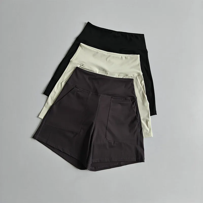 Sommer-Sportshorts für Damen, hochtailliert mit Taschen, für Outdoor-Training, Laufen, schnelltrocknend, atmungsaktiv, Sportbekleidung für Damen, Fitness