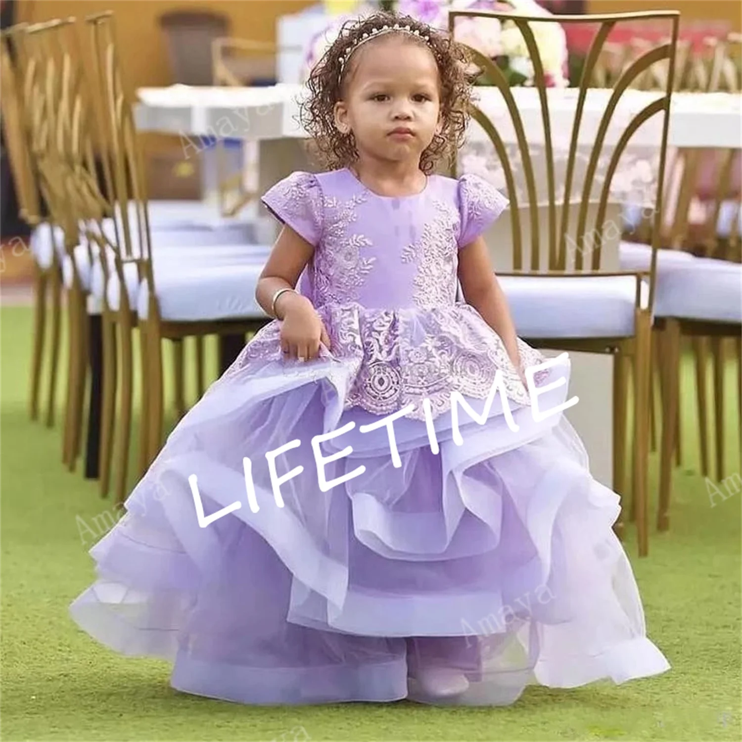 Vestidos De Menina De Flor De Tule Roxo, Princesa Gold Lace Appliques, Vestido de Baile Infantil, Vestido de Baile