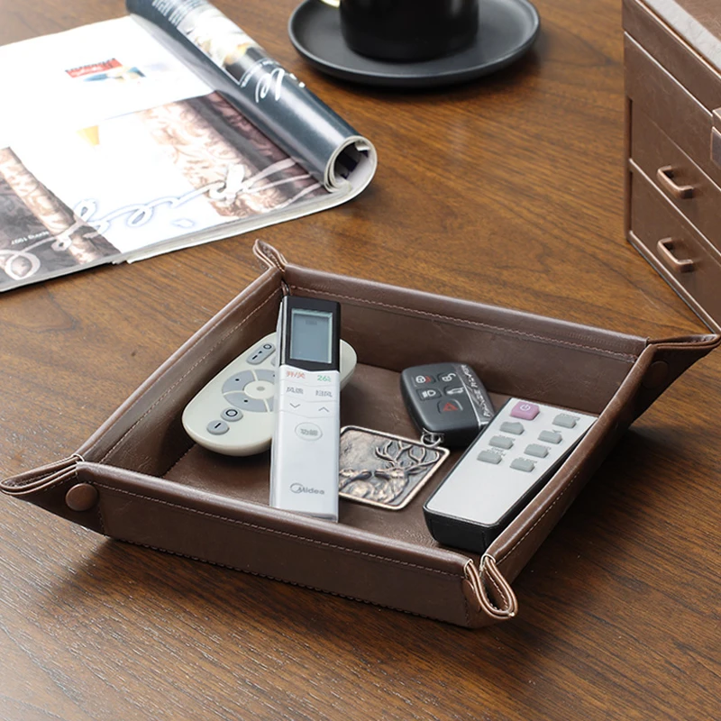 PU Leather Folding Dice Rolling Tray Collapsible Retro Doorway Porch Key Storage Pan Desktop Remote Control Storage Box