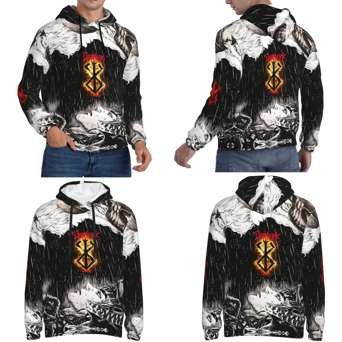 Anime Bereserk Men Hoodie Hooded Collar Drawstring Hoodies Pullover Sweatshirts Long Sleeve Shirts