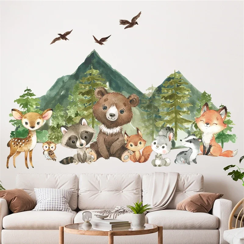 Forest Animals Bear Deer Wall Stickers for Kids Rooms Child Wall Decals Boys Nursery Room Decoration Cartoon Animals Stickers