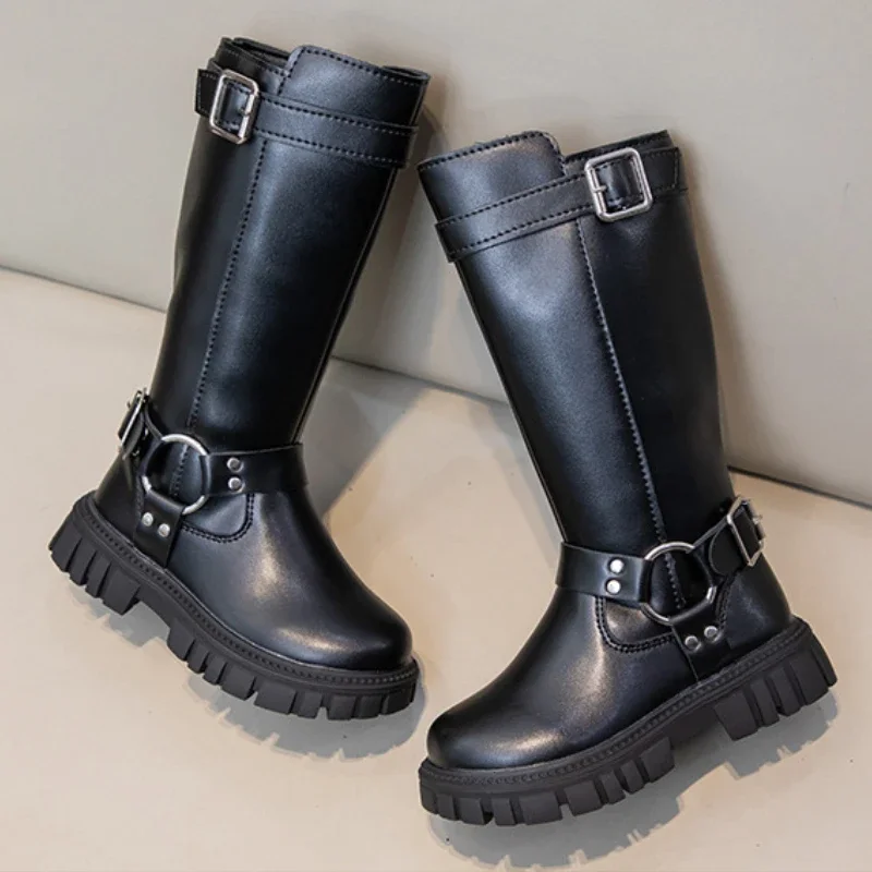 Winter Kids Fashion Boots Black School Girls Catwalk Boots Matte PU Non-slip Children Causal Cotton Boots Long High Versatile