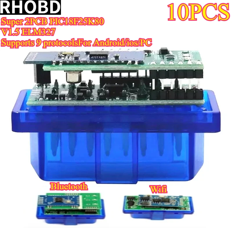 10Pcs/set super Mini ELM327 2PCB PIC18F25K80 OBD2 V1.5 Chip Car Diagnostic Scanner Bluetooth for Android/iOS/PC Code Reader Tool