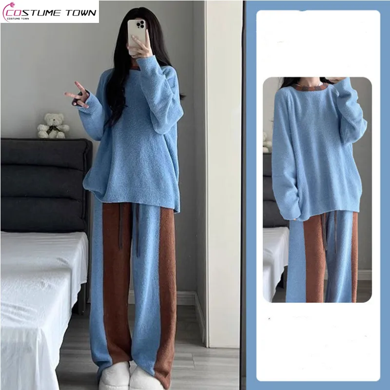 Versione coreana premium color block mezza flanella addensata autunno e inverno peluche lavorato a maglia completo da donna