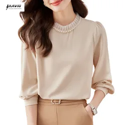 NAVIU Apricot Shirt Women New Autumn Fashion Temeprament Casual Beading Long Sleeve Blouses Office Ladies Work Tops White