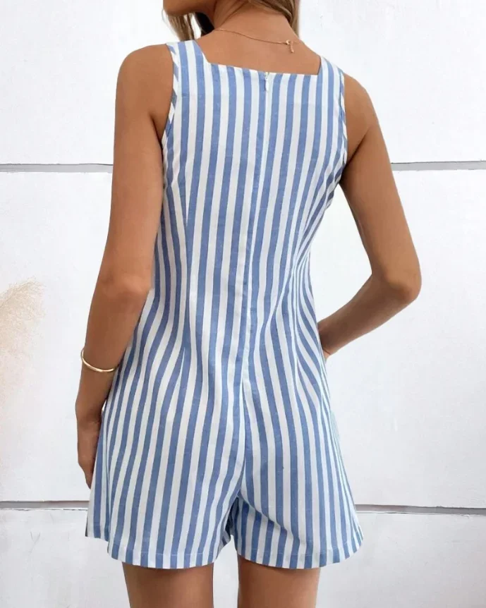 CPSYMYM Jumpsuit Women Summer Striped Print U-Neck Sleeveless Romper Casual Pocket Design Button Decor Daily Jumpsuit