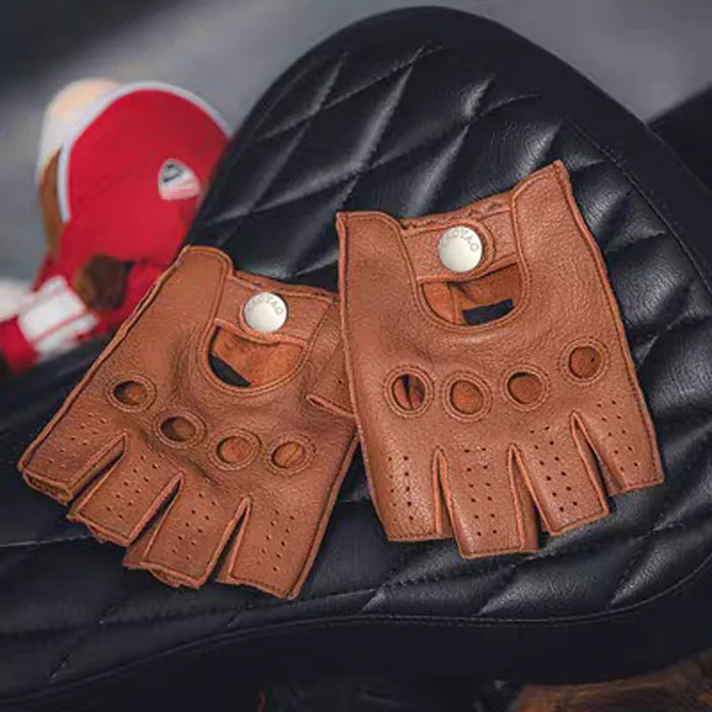 Summer Retro Motorcycle Rider Gloves Men Imported Real Deer Skin Perforated Cycling Handschuhe Thin Leather Locomotive Guantes