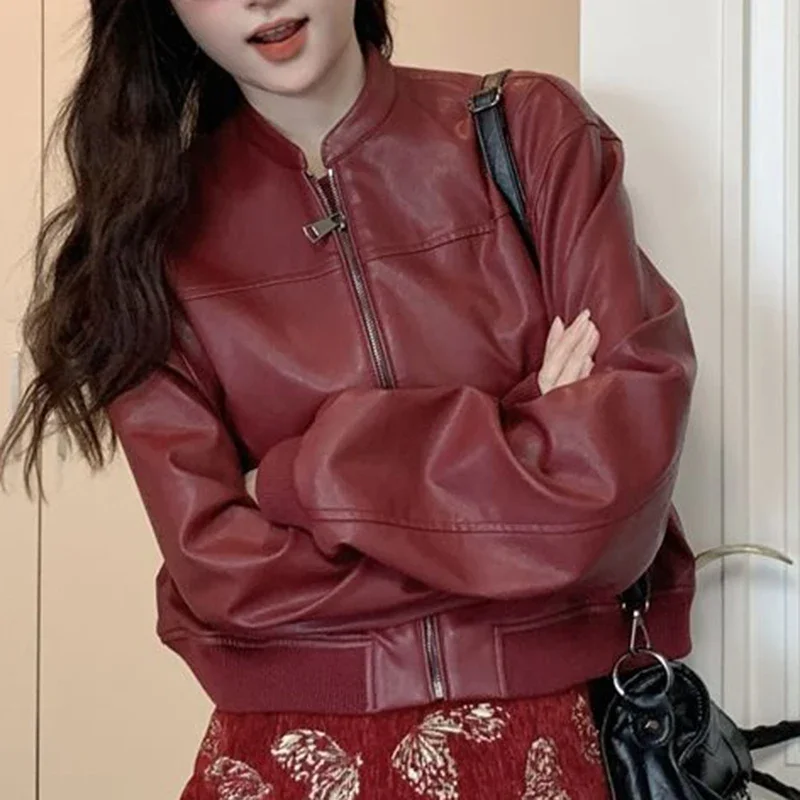 Autumn 2024 new Ankora wine red leather jacket for women, American retro zipper motorcycle jacket top  harajuku