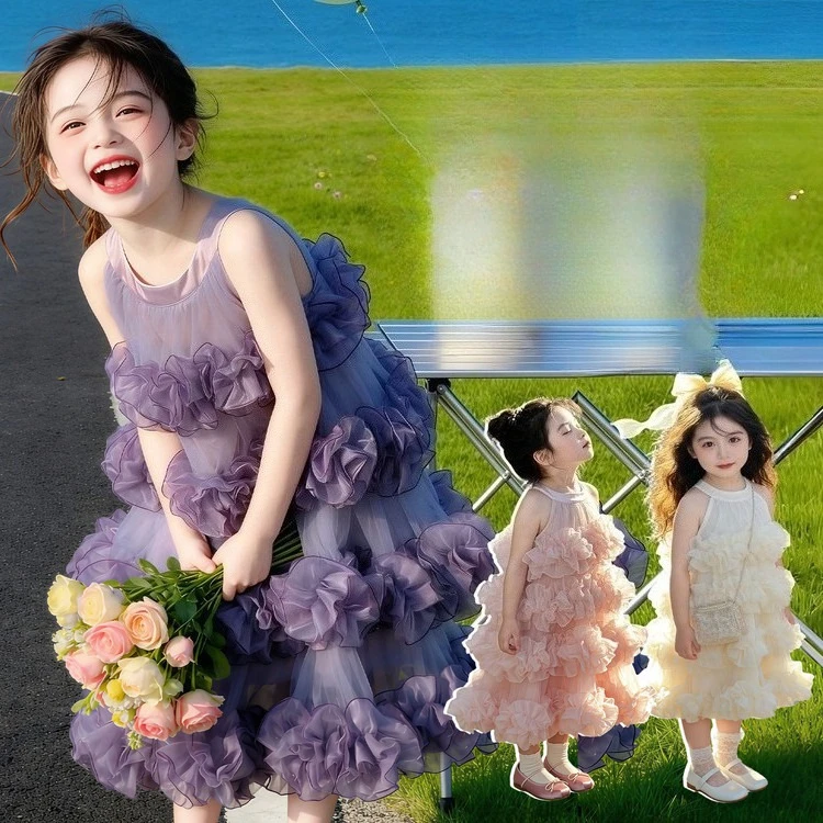 2026 kids clothes Four story lace skirt