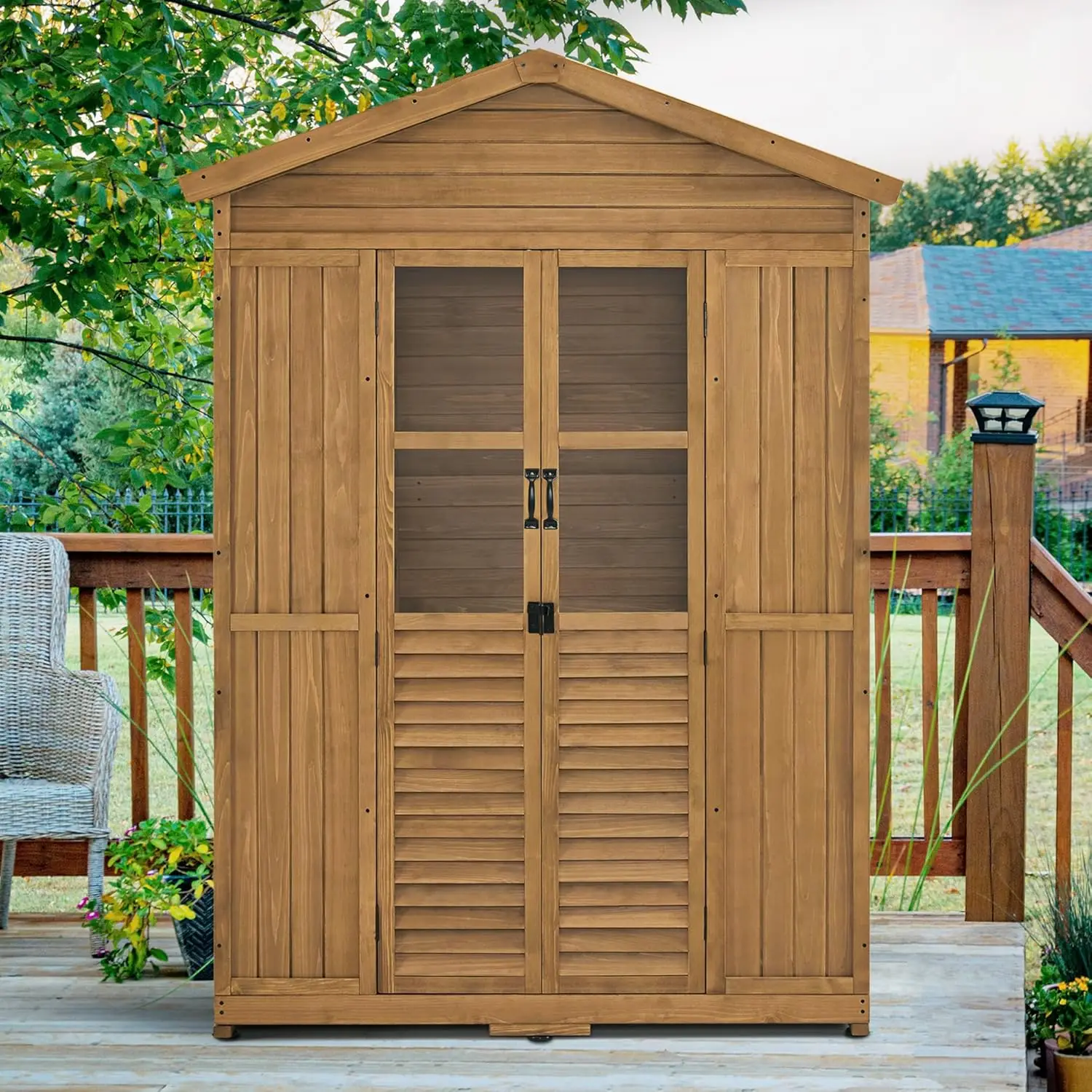 Outdoor Storage Cabinet Waterproof Outside Storage Shed with 6 Shelves Wooden Tool Shed with Lockable Door with Floor