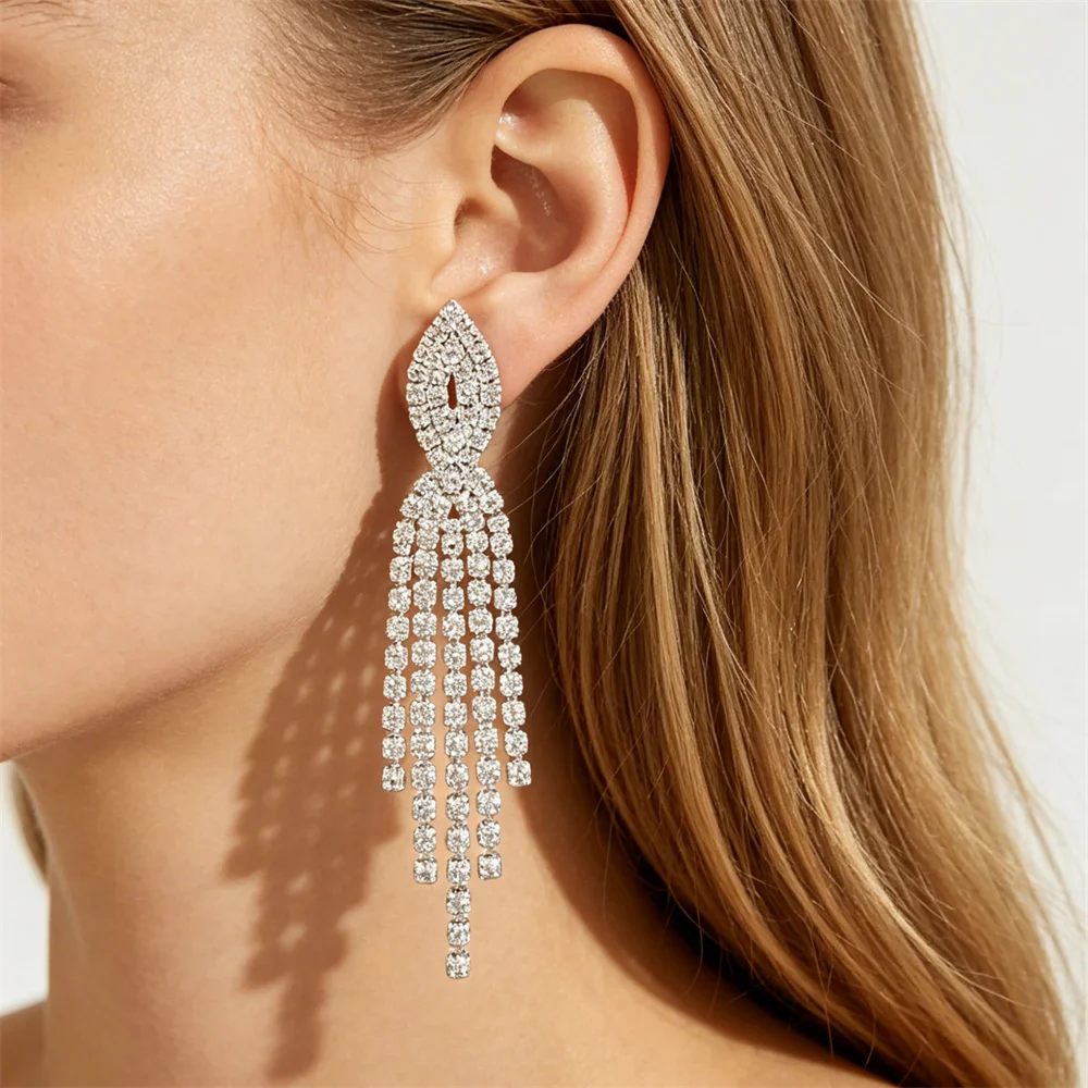 Blingbling Silver Color Plating Clear Gem Tassel Drop Earrings For Women Girl Casual Trendy Lovely Delicate Fashion Jewelry