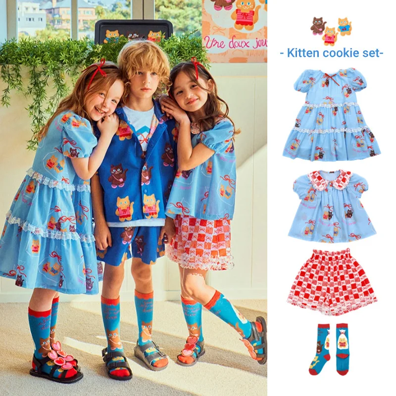 

BEBEBEBE Sisters Outfit 2024 Summer Kitten Biscuit Short Sleeve Dress Kids Shirt Shorts Girls Set