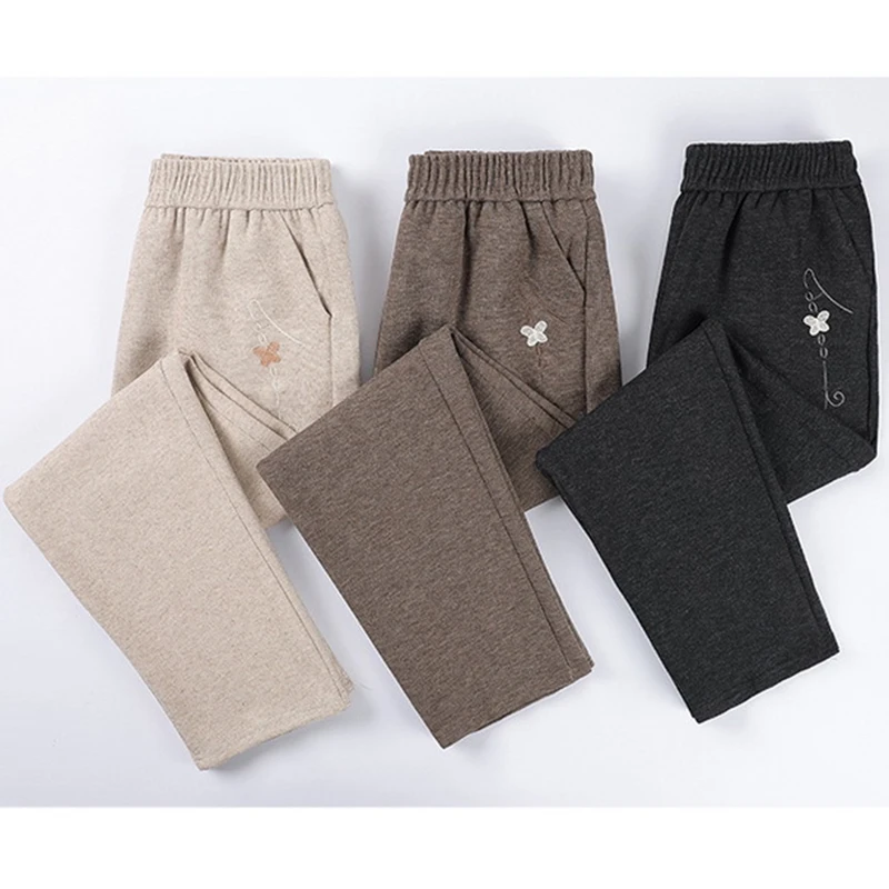 

Autumn Winter Women Woolen Pants New Elastic High Waist Velvet Warm Straight Casual Pants Middle Aged Elderly Female Trousers