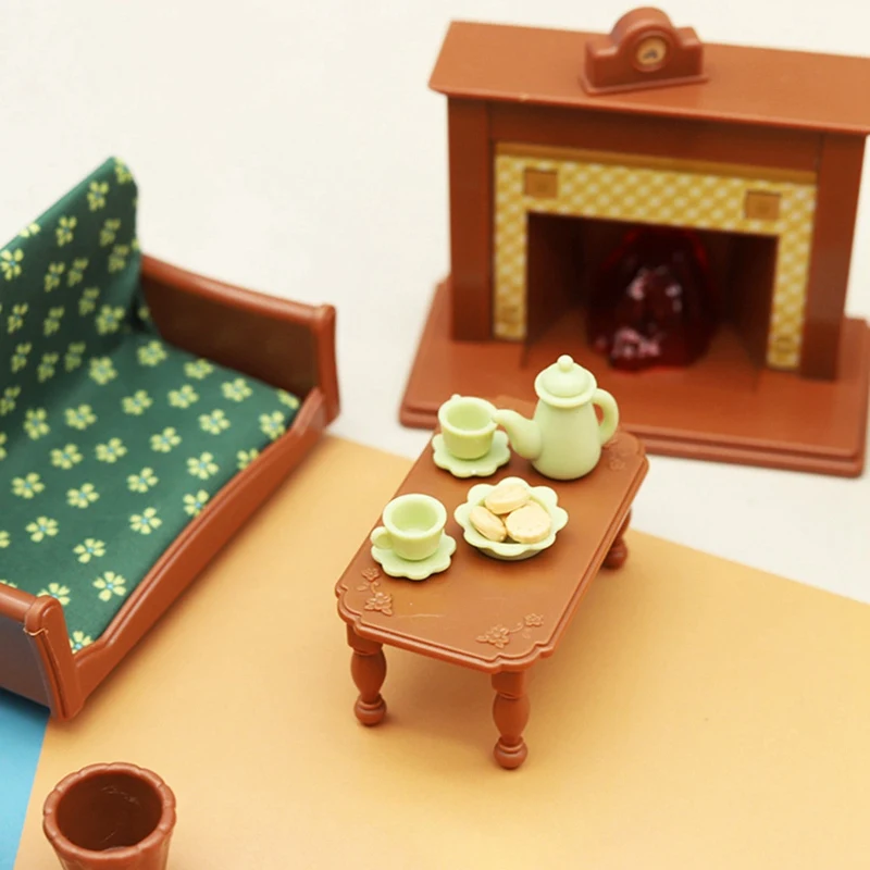 Simulation Mini Living Room Sofa Tv Set Decoration Dollhouse Teapot Teacup Snack Cookies Children Play House Toys