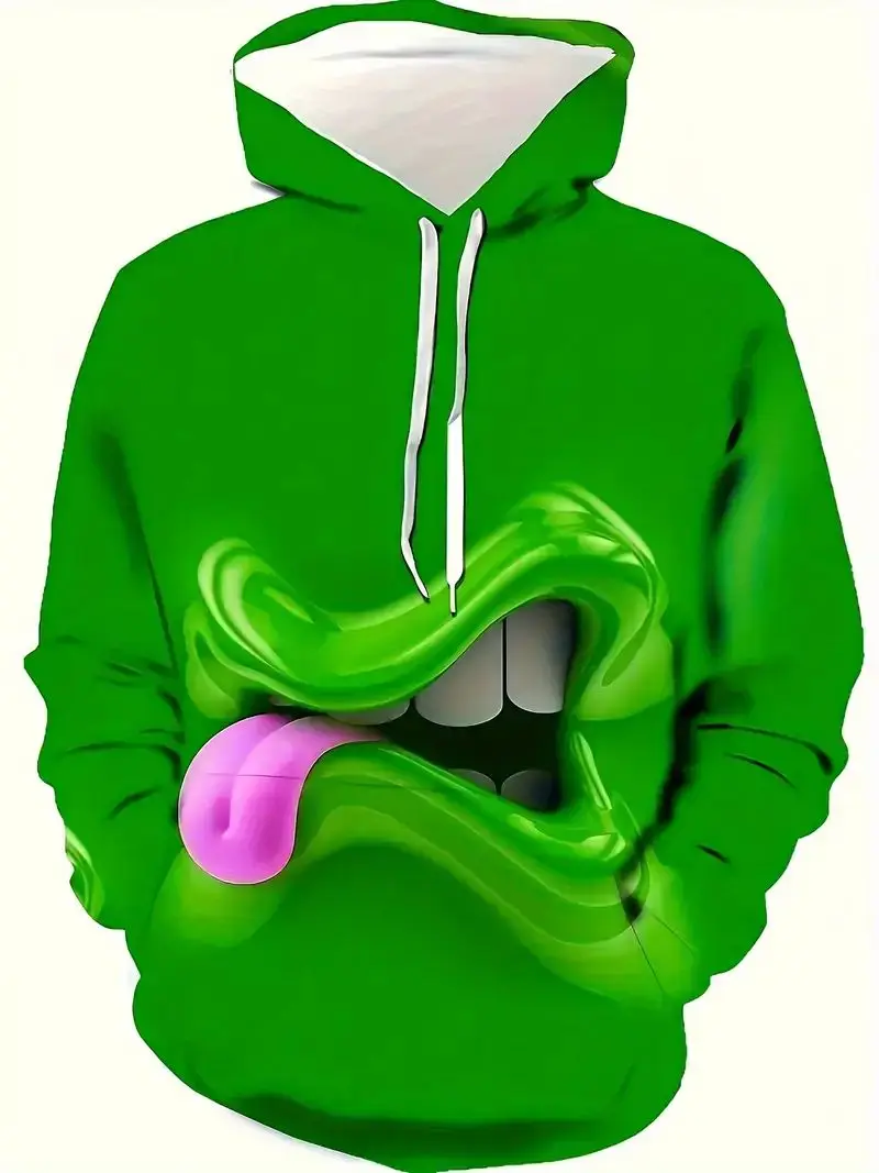 Men's 3D digital anime style mouth print hoodie with kangaroo bag, warm and durable, suitable for autumn and winter wear