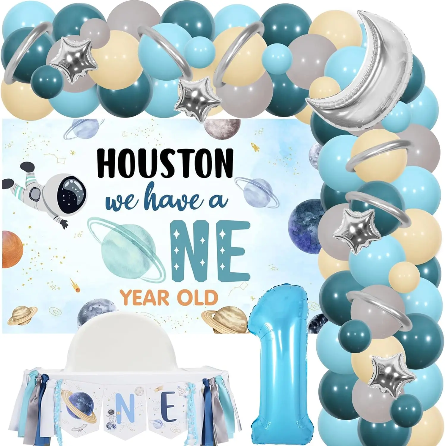 

Houston We Have A One Year Old 1st Birthday Decor Outer Space Theme 1Year Old Balloon Garland Arch Kit Backdrop Highchair Banner