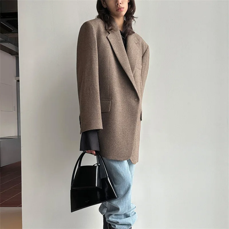 Maxdutti 2024 SS New Blazers Women Nordic Minimalist Style Loose Jacket High Quality Wool Vintage Blazers Ladies