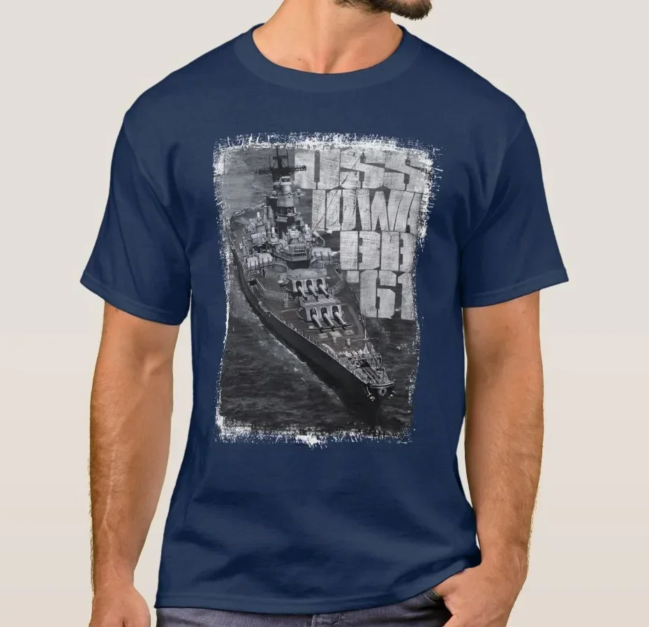 Vintage USS Iowa BB-61 Battleship Printed T-Shirt 100% Cotton O-Neck Summer Short Sleeve Casual Mens T-shirt Size S-3XL