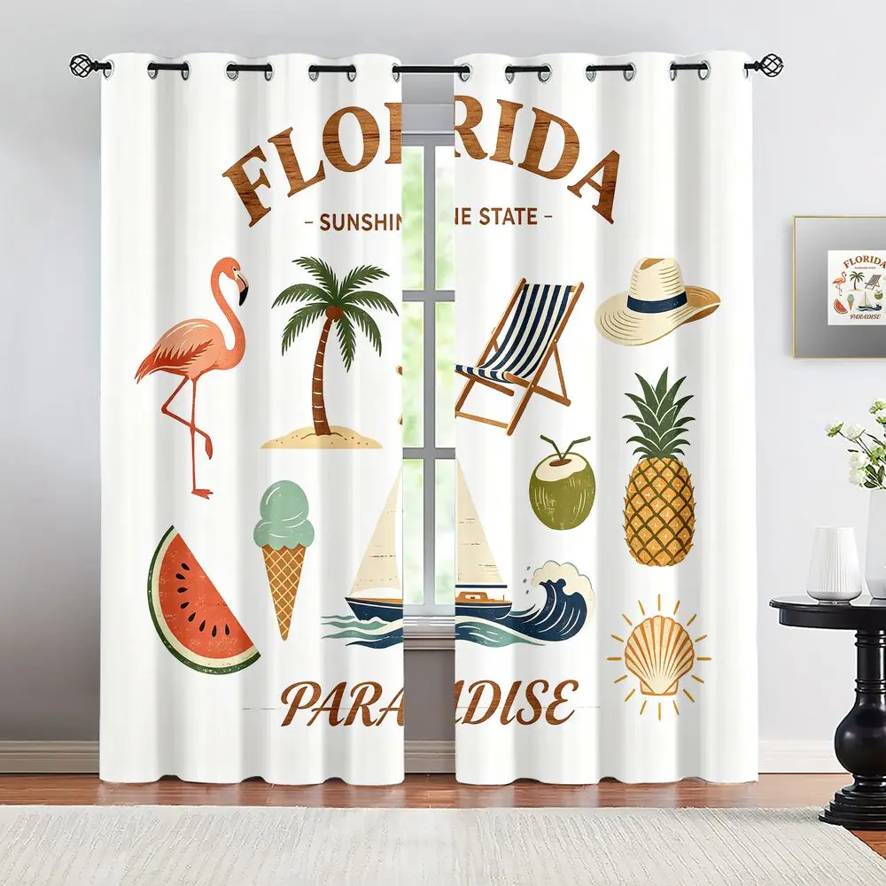Cortinas con Estampado Tropical de Playa de Florida Vintage, Cortinas Opacas con Gráficos Retro del Estado del Sol, Cortinas Lavables para Ventana, 2 Piezas
