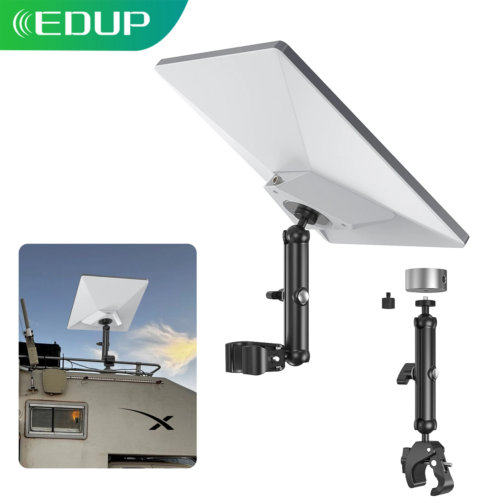 

EDUP SK0146 Starlink Mini Adjustable Clamp Mount Kit–Portable Aluminum Alloy Bracket for RV Camper Roof Rack Balcony–Tool-Free