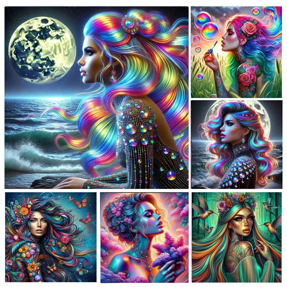 5d Diy Diamond Paintings Colour Hair Woman Picture Full Diamond Mosaic Elf Girl Handmade Rhinestone Home Decoration Holiday Gift