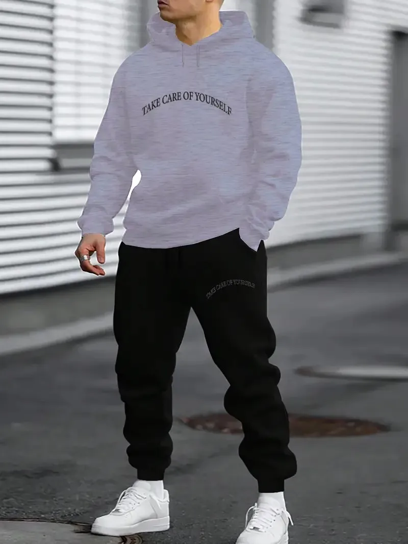 The 2025 Spring and Autumn new men's hoodie set is a casual and fashionable streetwear collection with letter prints