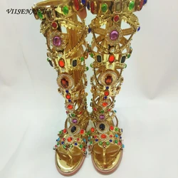 Gold Patent Leather Women Summer Sandal Boots Colorful Gemstone Decor Luxury Bling Bling Party Nightclub Saptos Mujer Sexy Shoe