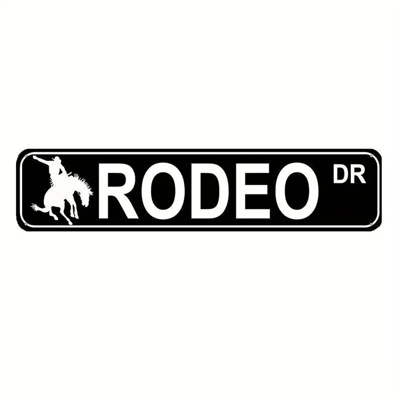 [2D PLANO] 1 unidade de sinal de metal, 4 × 16 polegadas Rodeo Drive Street Sign Art Metal Decoração de parede Tema ocidental Decoração de casa