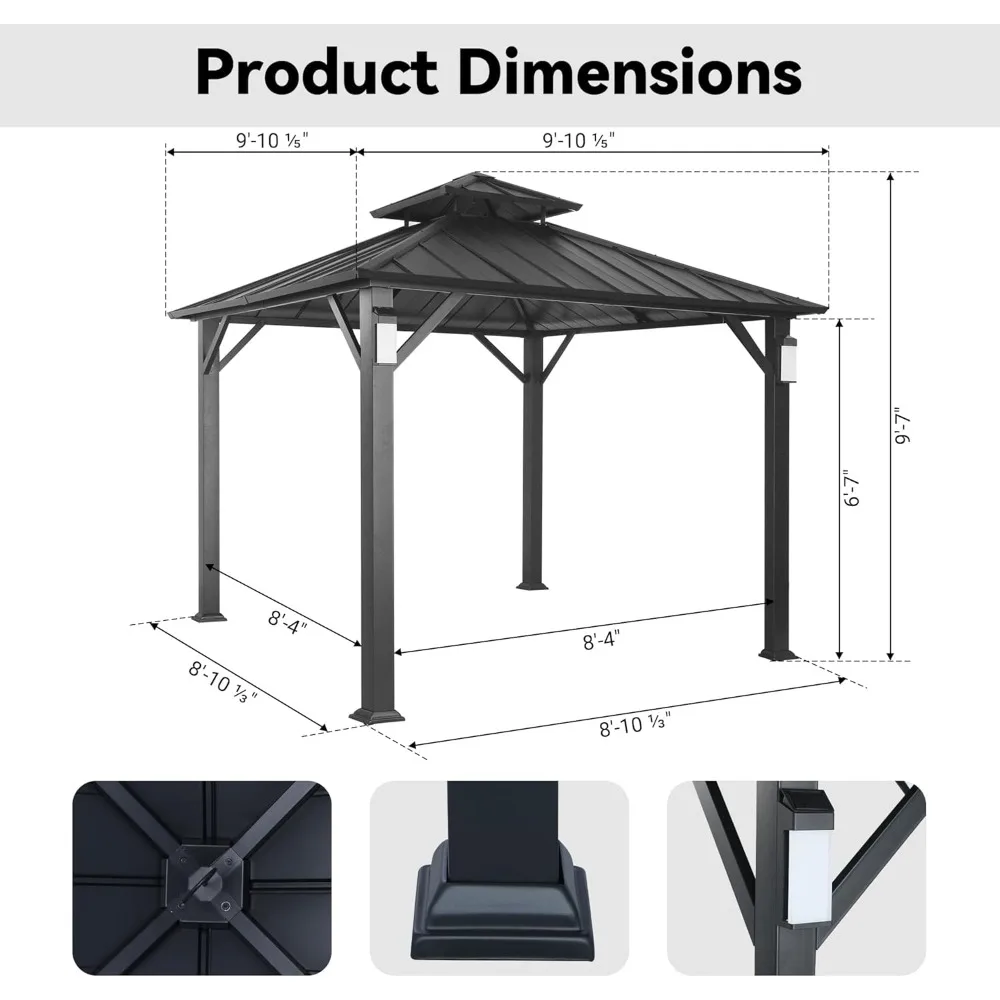 Sunshade hardtop pavilion 10'x 10 ', metal pavilion with 4 LED lights, outdoor pavilion with galvanized steel roof and frame