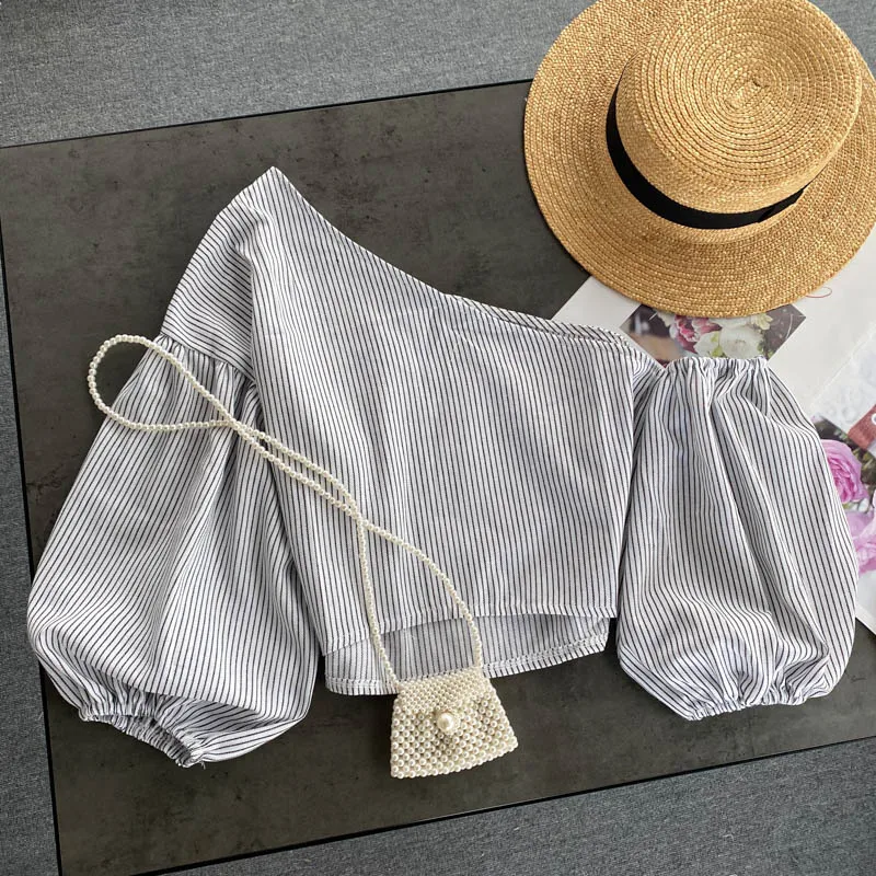 Vintage Elegant sweet Skew Collar Off Shoulder puff sleeve Blouse Fashion Shirt Casual Chic Top Fairy Summer Women