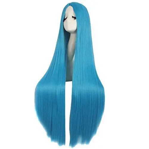 Kostum Wig Anime panjang halus 40 inci/100cm (biru Cyan)