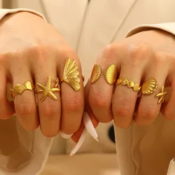 MHS.SUN Ocean Style Stainless Steel Starfish Shell Rings For Women Men Vintage Gold Plated Open Ring Summer Beach Jewelry